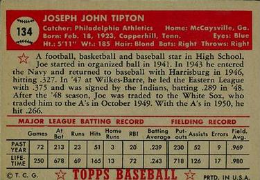 1952 Topps #134 Joe Tipton Back