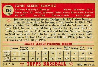 1952 Topps #136 Johnny Schmitz Back