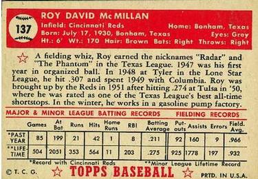 1952 Topps #137 Roy McMillan Back