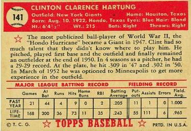 1952 Topps #141 Clint Hartung Back