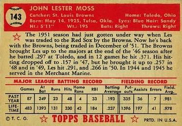 1952 Topps #143 Les Moss Back