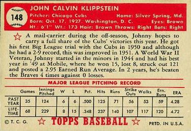 1952 Topps #148 Johnny Klippstein Back