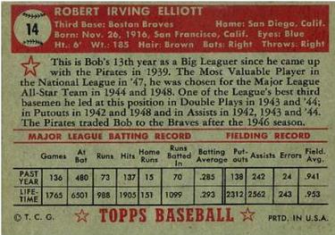 1952 Topps #14 Bob Elliott Back