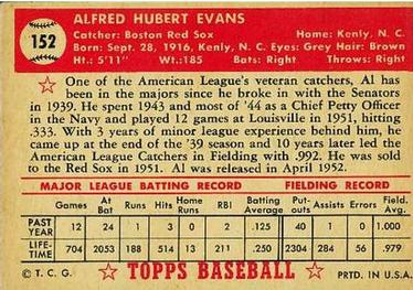 1952 Topps #152 Al Evans Back