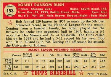 1952 Topps #153 Bob Rush Back
