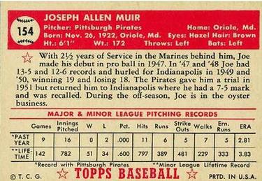 1952 Topps #154 Joe Muir Back