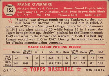 1952 Topps #155 Frank Overmire Back