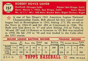 1952 Topps #157 Bob Usher Back