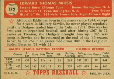 1952 Topps #172 Eddie Miksis Back