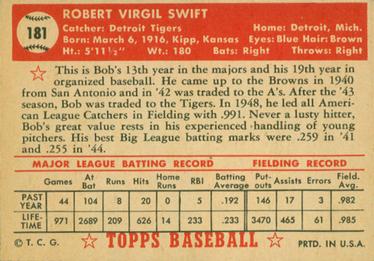 1952 Topps #181 Bob Swift Back