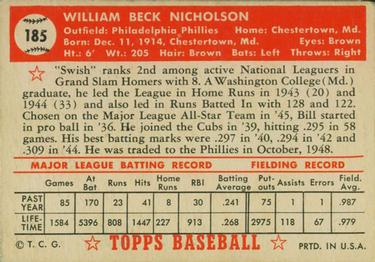 1952 Topps #185 Bill Nicholson Back