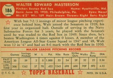 1952 Topps #186 Walt Masterson Back
