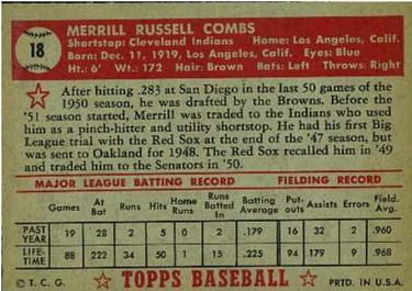 1952 Topps #18 Merrill Combs Back