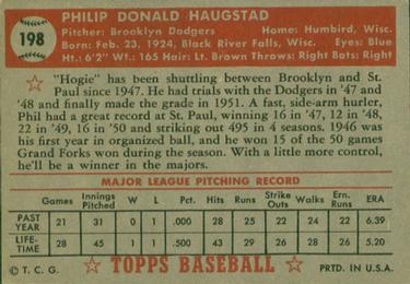 1952 Topps #198 Phil Haugstad Back