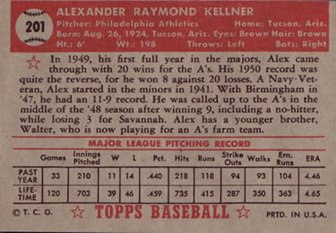 1952 Topps #201 Alex Kellner Back