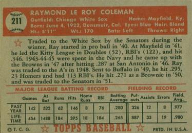 1952 Topps #211 Ray Coleman Back