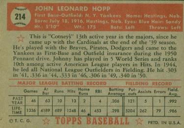 1952 Topps #214 Johnny Hopp Back