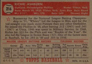 1952 Topps #216 Richie Ashburn Back