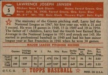 1952 Topps #5 Larry Jansen Back