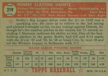 1952 Topps #219 Bobby Shantz Back