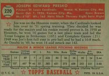 1952 Topps #220 Joe Presko Back