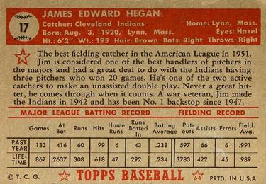 1952 Topps #17 Jim Hegan Back