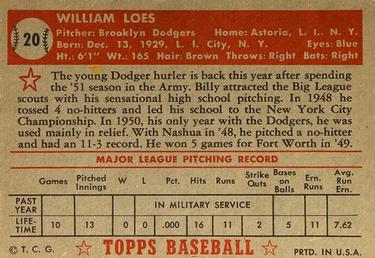 1952 Topps #20 Billy Loes Back