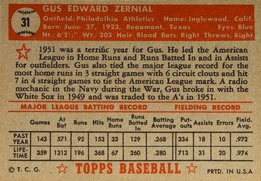 1952 Topps #31 Gus Zernial Back