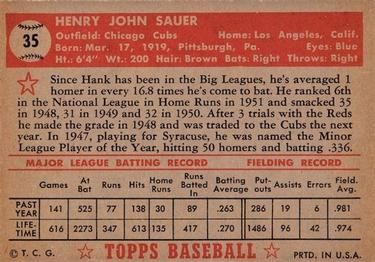 1952 Topps #35 Hank Sauer Back