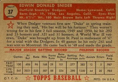 1952 Topps #37 Duke Snider Back