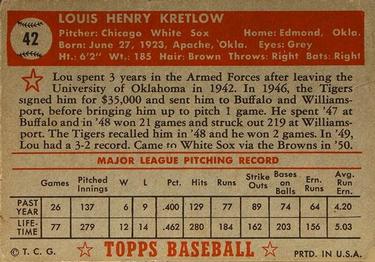 1952 Topps #42 Lou Kretlow Back