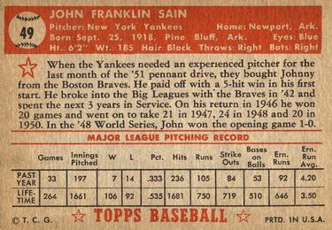 1952 Topps #49 Johnny Sain Back