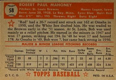 1952 Topps #58 Bob Mahoney Back