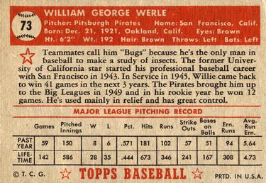1952 Topps #73 Bill Werle Back