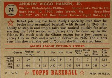 1952 Topps #74 Andy Hansen Back