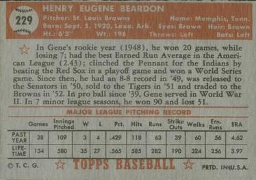 1952 Topps #229 Gene Bearden Back