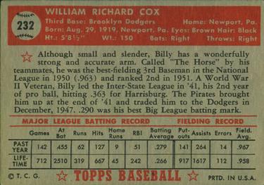 1952 Topps #232 Billy Cox Back