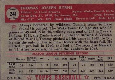 1952 Topps #241 Tommy Byrne Back