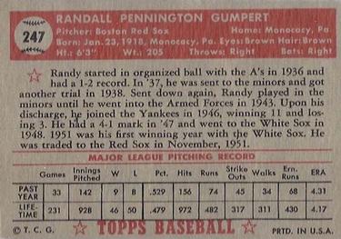 1952 Topps #247 Randy Gumpert Back