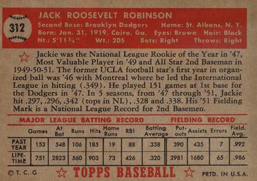 1952 Topps #312 Jackie Robinson Back