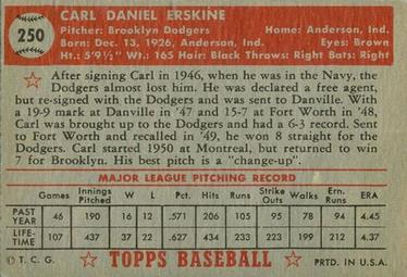 1952 Topps #250 Carl Erskine Back