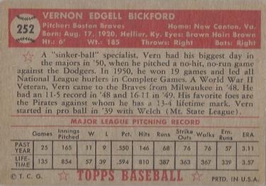 1952 Topps #252 Vern Bickford Back