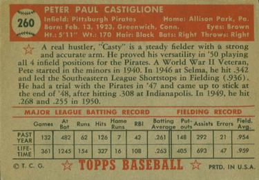 1952 Topps #260 Pete Castiglione Back