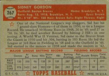 1952 Topps #267 Sid Gordon Back