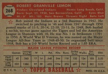 1952 Topps #268 Bob Lemon Back