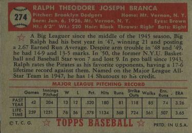 1952 Topps #274 Ralph Branca Back