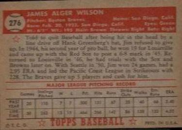 1952 Topps #276 Jim Wilson Back