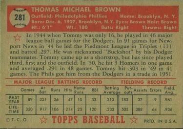 1952 Topps #281 Tommy Brown Back