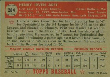 1952 Topps #284 Hank Arft Back