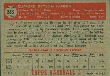 1952 Topps #285 Cliff Fannin Back